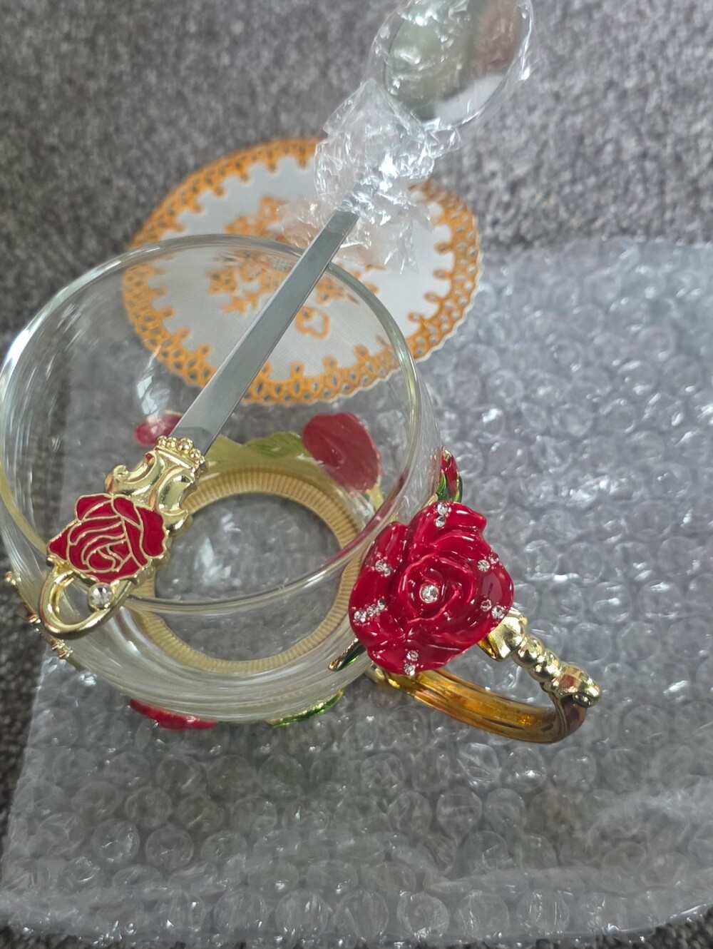 Butterfuly and Rose Enamel Glass with Spoon and Coaster, 11oz, Brand New